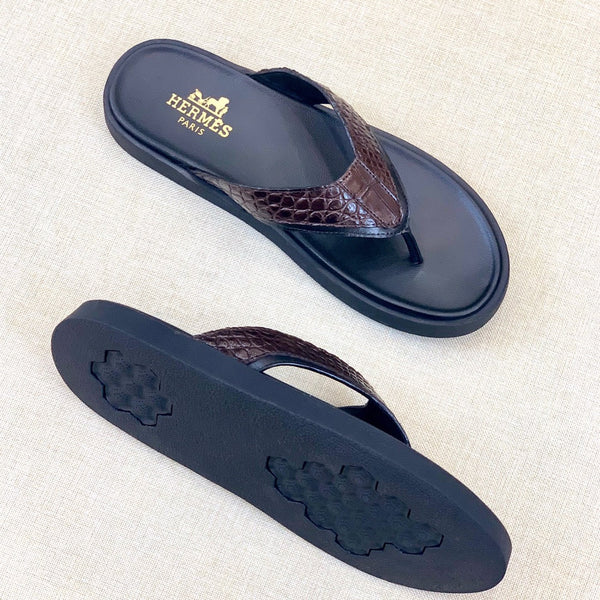 HM Men's Thong Sandals Brown Rubber Sheepskin 561669