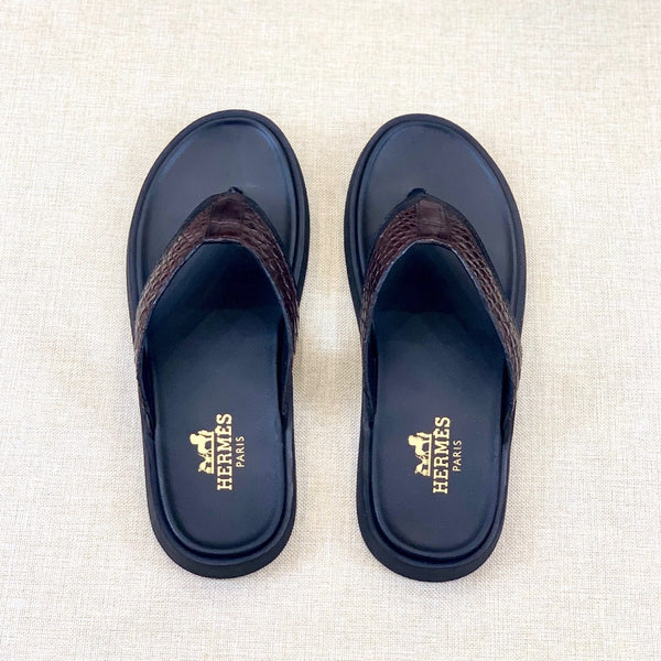 HM Men's Thong Sandals Brown Rubber Sheepskin 561669