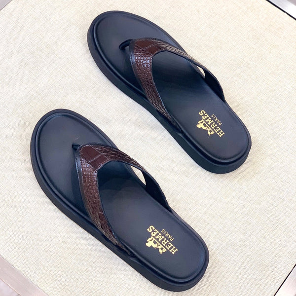 HM Men's Thong Sandals Brown Rubber Sheepskin 561669