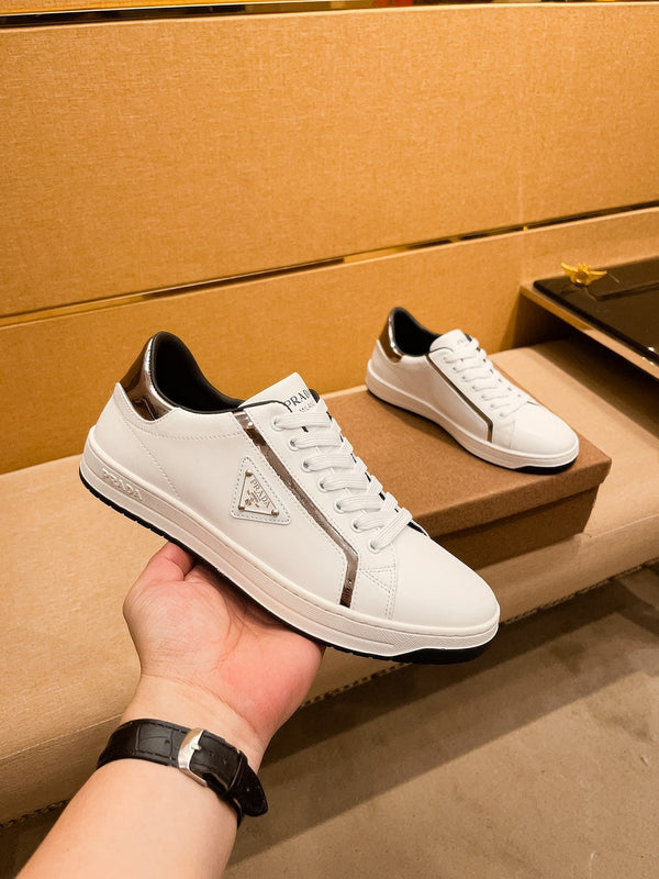 PRA SNEAKER IN WHITE CALFSKIN WITH GLOSSY GOLDEN