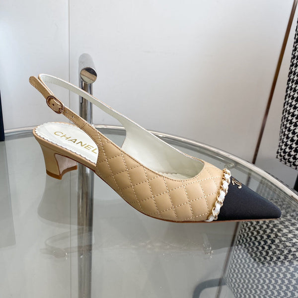 cc slingback pumps 45 beige quilted lambskin black grosgrain pointed toe 582850