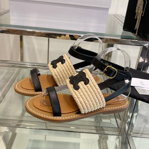 SANDALO LYMPIAR CON CINTURINO PIATTO IN VITELLO RAFIA NERO BEIGE