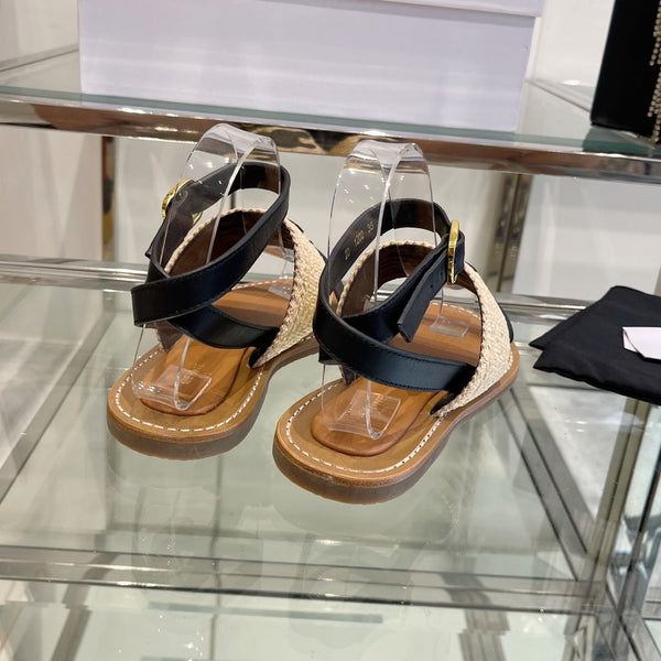 SANDALO LYMPIAR CON CINTURINO PIATTO IN VITELLO RAFIA NERO BEIGE