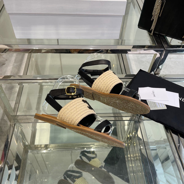 SANDALO LYMPIAR CON CINTURINO PIATTO IN VITELLO RAFIA NERO BEIGE