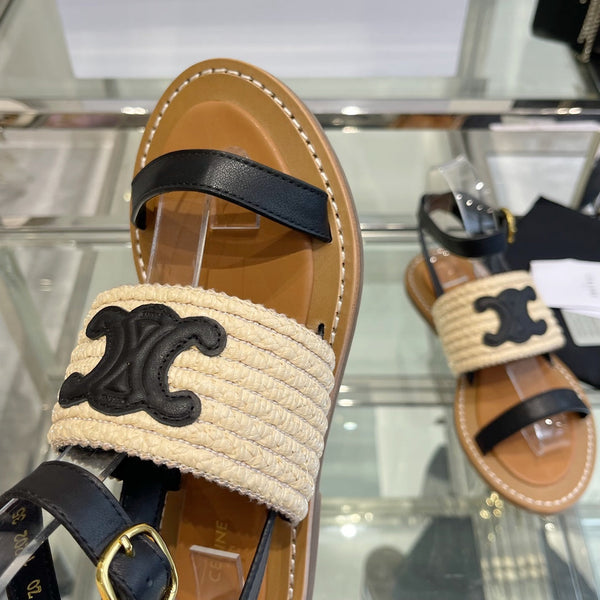 SANDALO LYMPIAR CON CINTURINO PIATTO IN VITELLO RAFIA NERO BEIGE