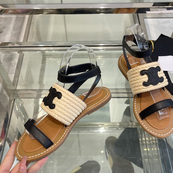 SANDALO LYMPIAR CON CINTURINO PIATTO IN VITELLO RAFIA NERO BEIGE