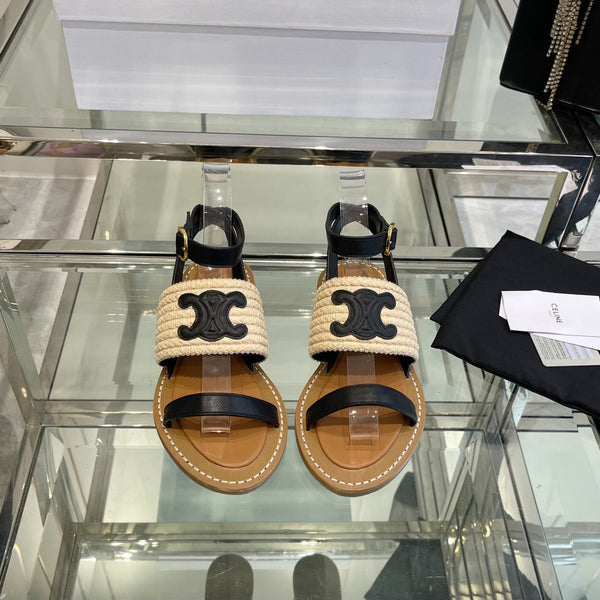 SANDALO LYMPIAR CON CINTURINO PIATTO IN VITELLO RAFIA NERO BEIGE