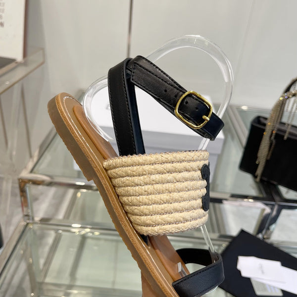 SANDALO LYMPIAR CON CINTURINO PIATTO IN VITELLO RAFIA NERO BEIGE