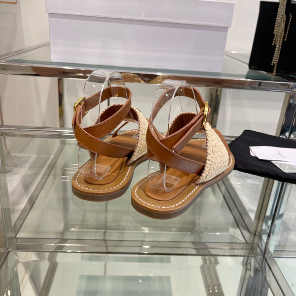 LYMPIAR FLAT STRAP SANDAL IN RAFFIA CALFSKIN WHITE CARAMEL BROWN