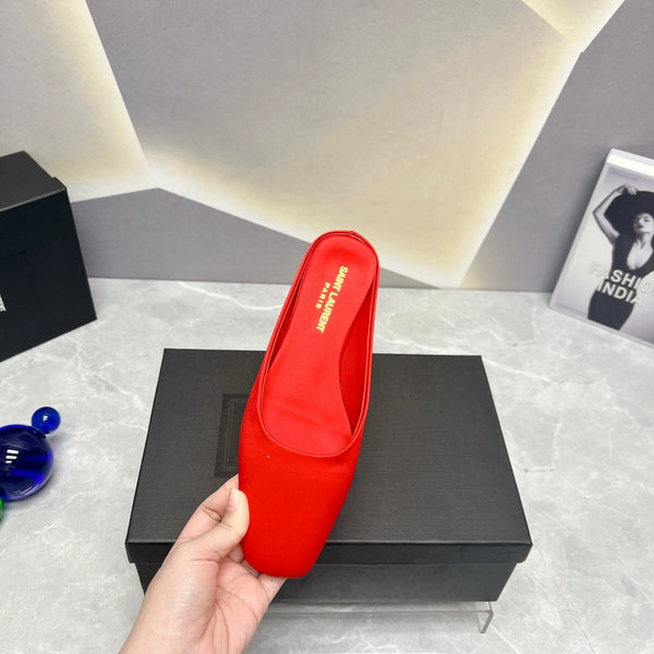 SL SQUARE TOE FLAT MULES RED SATIN
