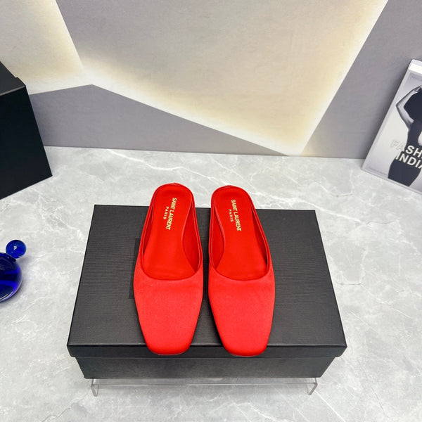 SL SQUARE TOE FLAT MULES RED SATIN