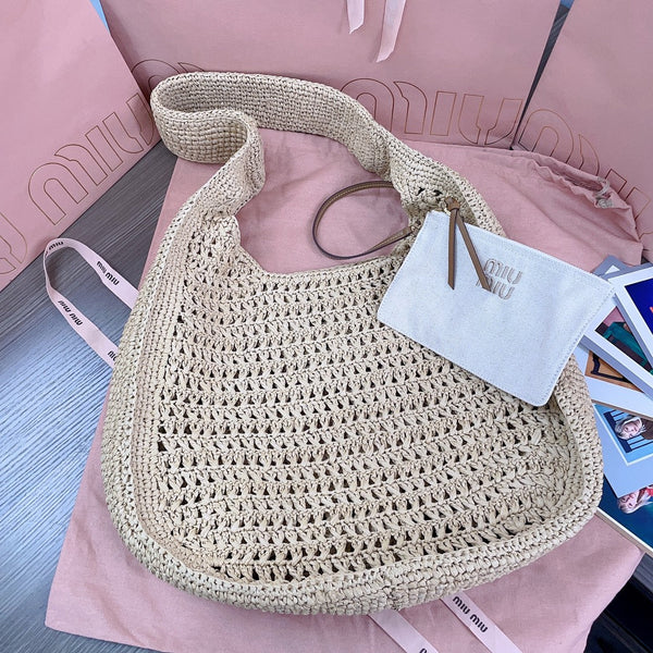 miu hobo bag 31cm beige woven fabric