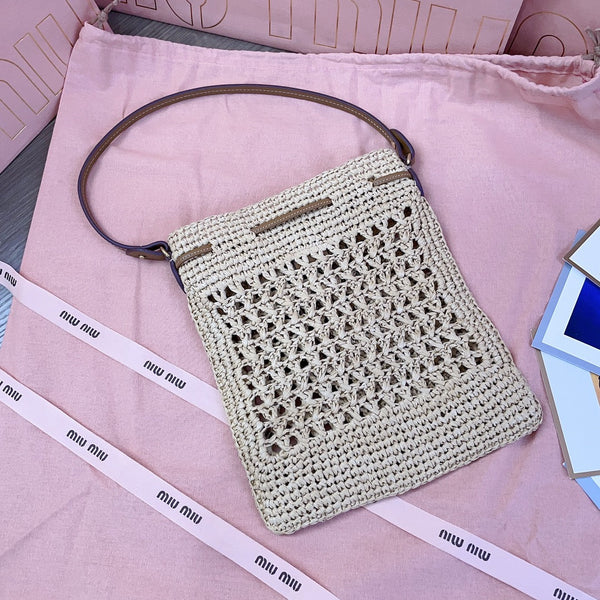 borsa a secchiello miu 20cm tessuto beige intrecciato