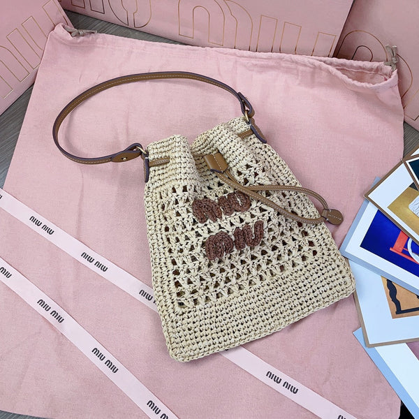 borsa a secchiello miu 20cm tessuto beige intrecciato
