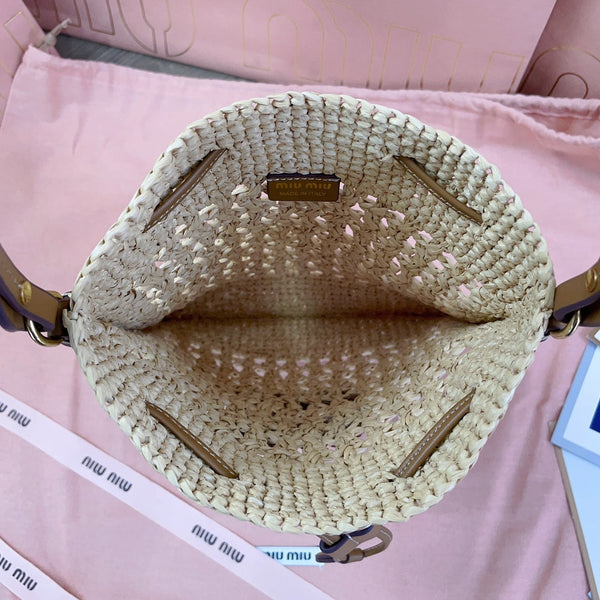 borsa a secchiello miu 20cm tessuto beige intrecciato
