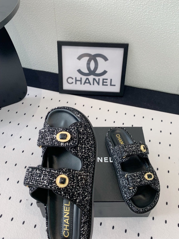 sandalo da papà mulo nero bianco tweed