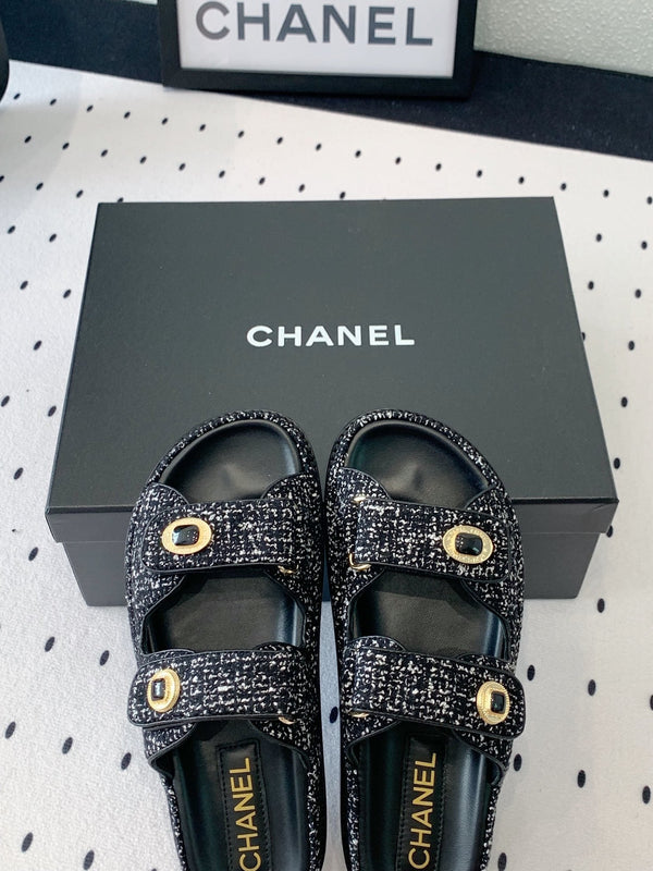 sandalo da papà mulo nero bianco tweed