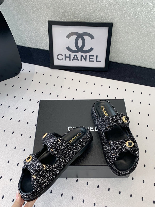 sandalo da papà mulo nero bianco tweed