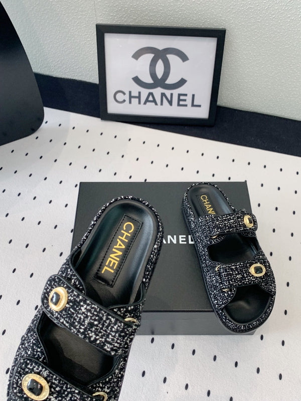 sandalo da papà mulo nero bianco tweed