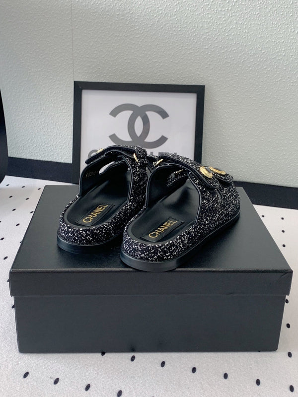 sandalo da papà mulo nero bianco tweed