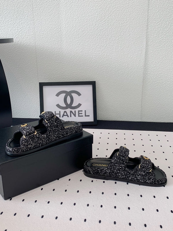 sandalo da papà mulo nero bianco tweed