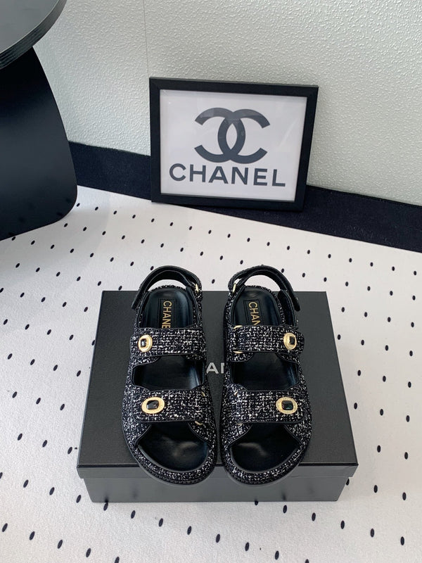 sandalo da papà in tweed bianco e nero