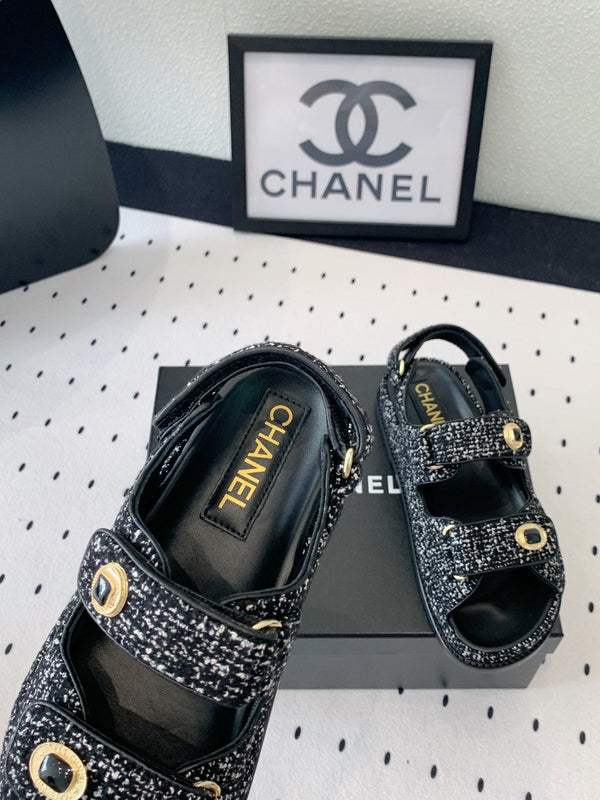 sandalo da papà in tweed bianco e nero