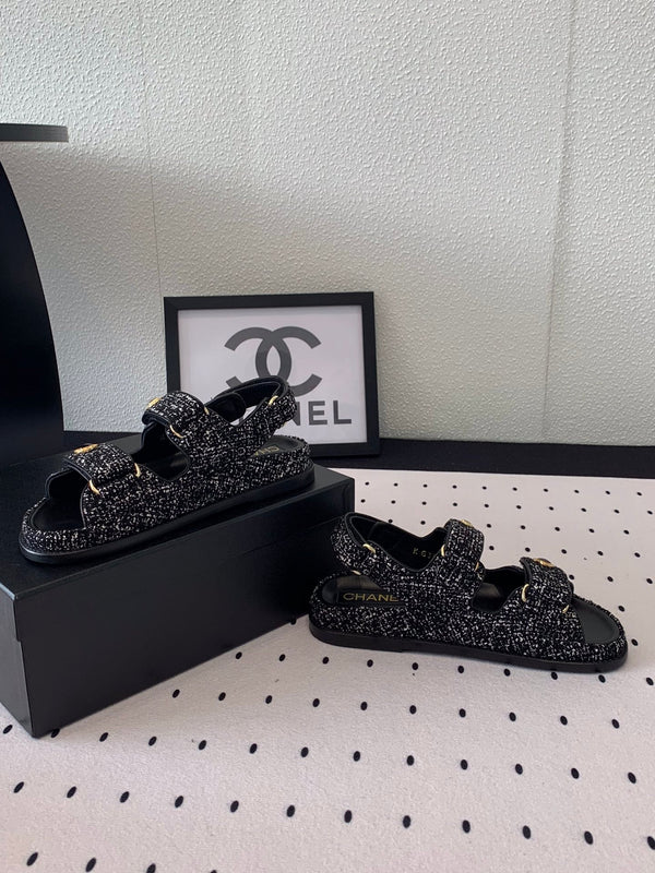 sandalo da papà in tweed bianco e nero