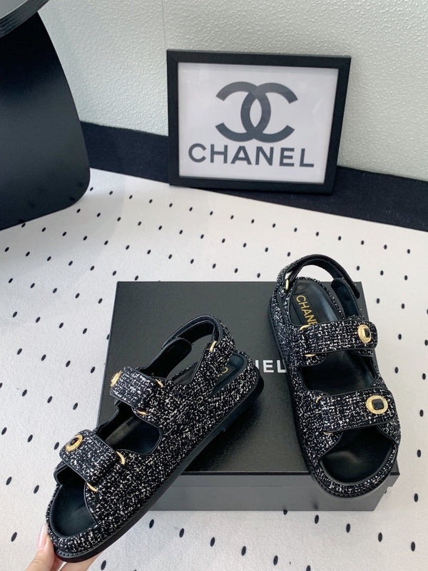 sandalo da papà in tweed bianco e nero