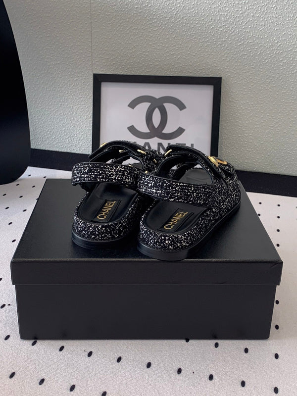 sandalo da papà in tweed bianco e nero