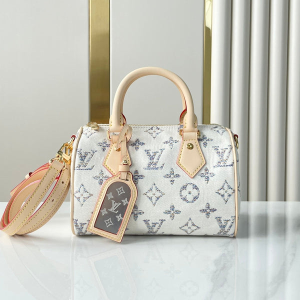 SPEEDY BANDOULIÈRE 20 IN TESSUTO JACQUARD MONOGRAM BIANCO E RIFINITURE IN PELLE DI VITELLO BEIGE