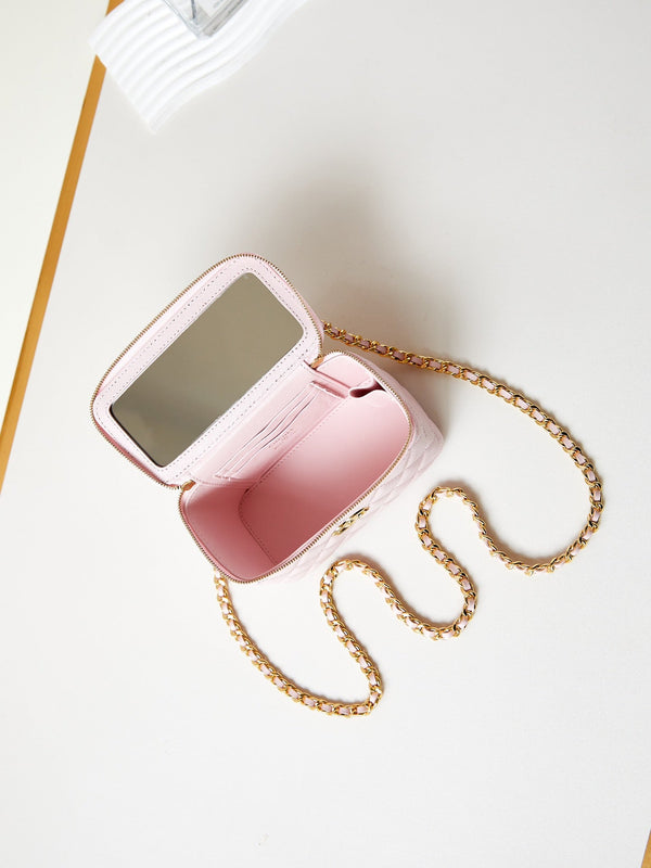 Mobiletto da toeletta 24a 17 cm in pelle di agnello rosa chiaro, hardware dorato