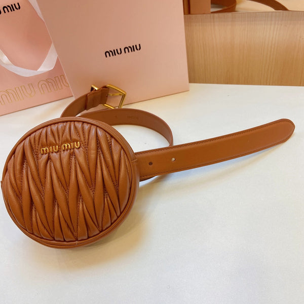 miu brown belt 30mm with circle matelasse bag