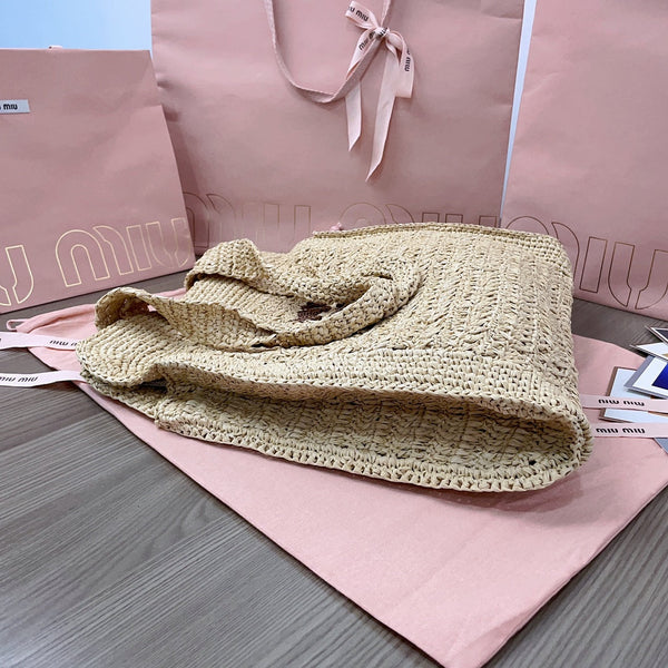 miu tote bag 38cm beige woven fabric