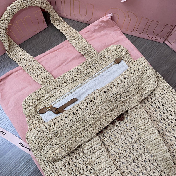 miu tote bag 38cm beige woven fabric