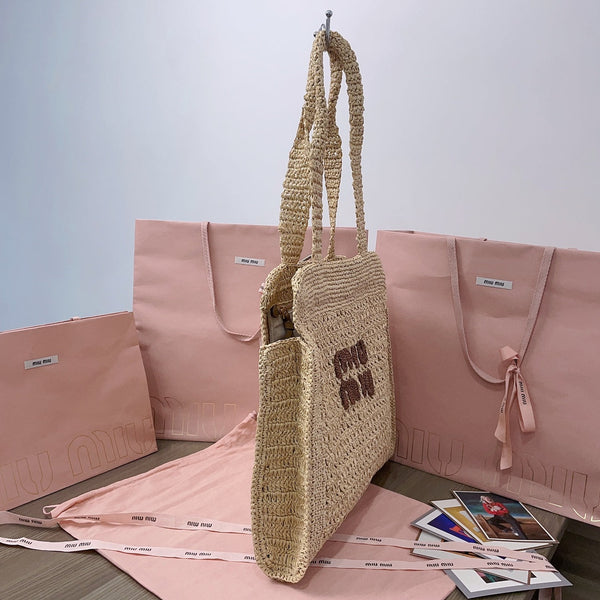 miu tote bag 38cm beige woven fabric