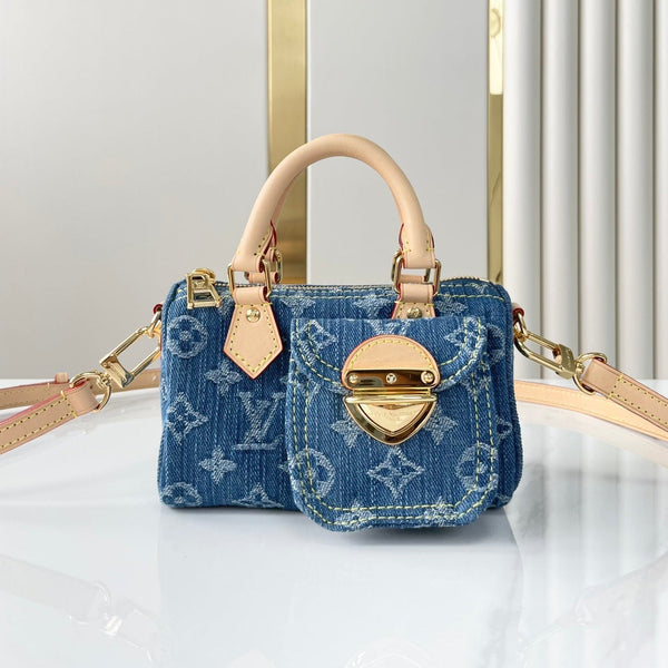 NANO SPEEDY 16 IN DENIM MONOGRAM BLU CON FERRAMENTA ORO