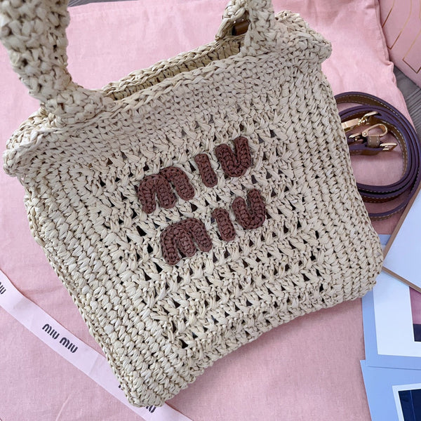 miu tote bag 22cm beige woven fabric