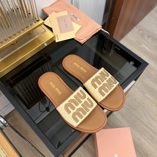 Miu 25S Beige and Gold Canvas and leather slides 678740