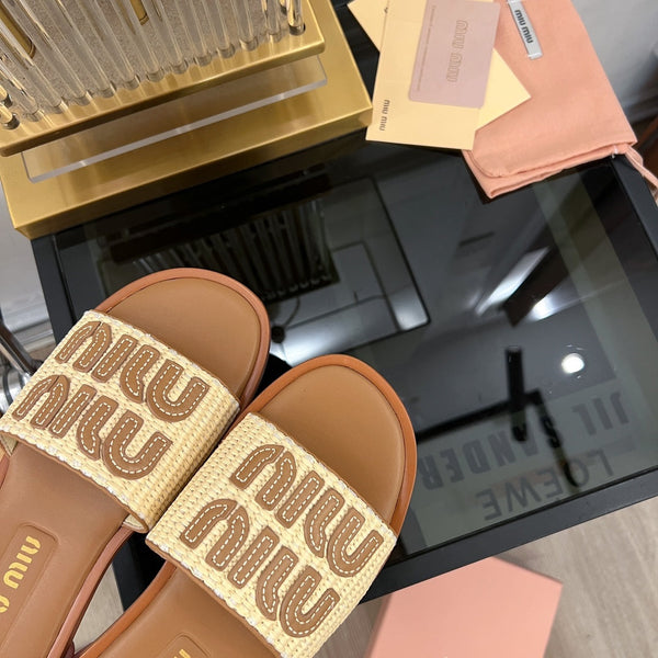 Miu 25S Beige and Gold Canvas and leather slides 678740