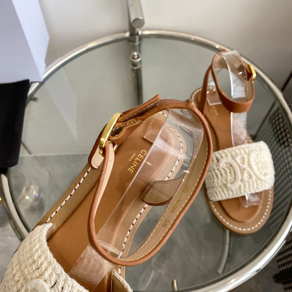 LYMPIA SANDAL IN WHITE TRIOMPHE MACCRAMÉ COTTON AND TAN CALFSKIN