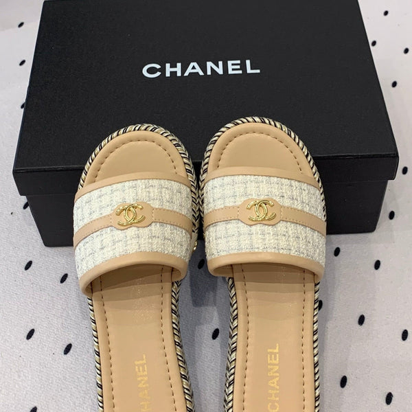 mule sandal white tweed beige calfskin