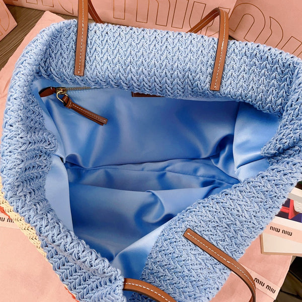 BORSA TOTE 40 IN MOTIVO A RIGHE DI RAFIA INTRECCIATA AZZURRO ARANCIONE E BIANCO CREMA