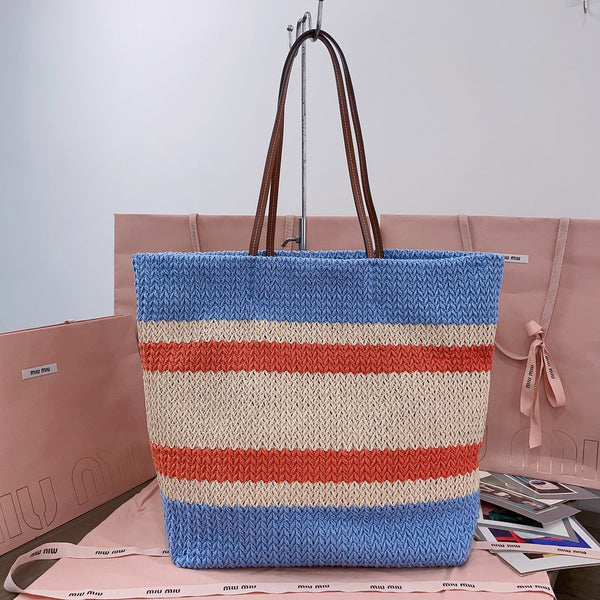 BORSA TOTE 40 IN MOTIVO A RIGHE DI RAFIA INTRECCIATA AZZURRO ARANCIONE E BIANCO CREMA