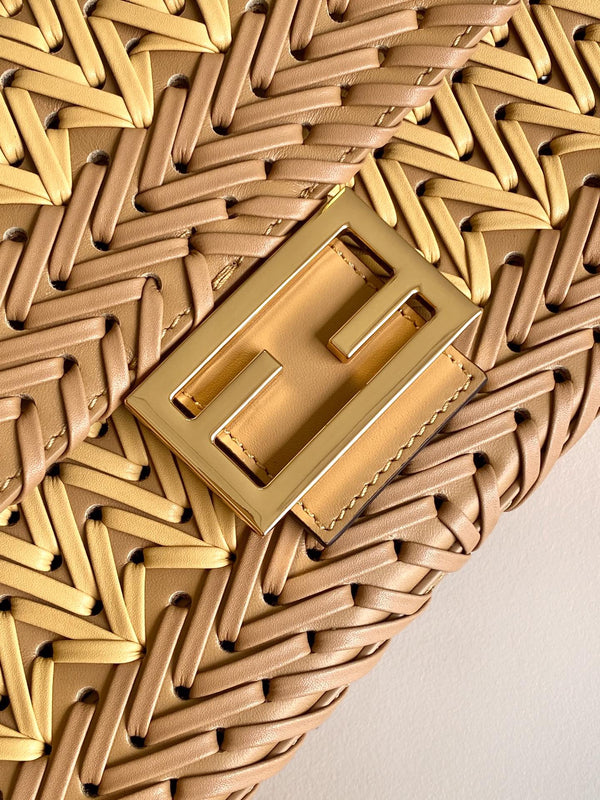 Fend Baguette 27 Bag Brown Beige Sand interlaced leather Ghw