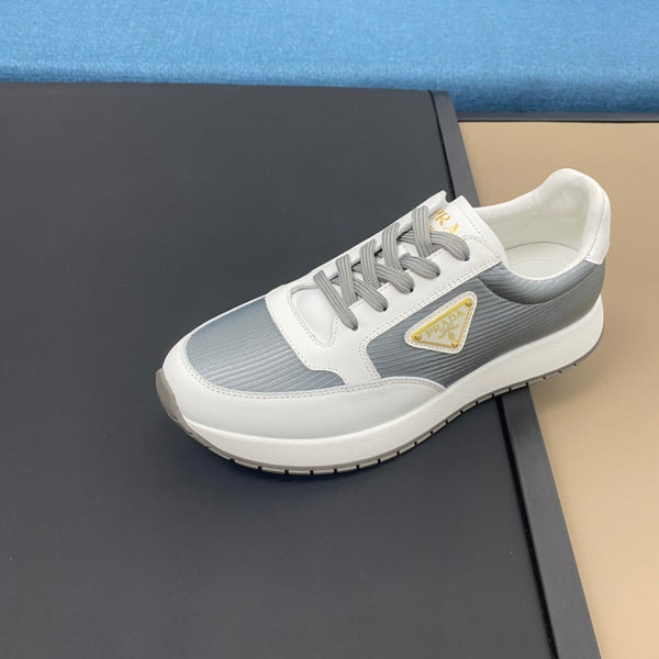 PRA SNEAKER IN WHITE CALFSKIN AND SILVER FABRIC WITH GOLDEN LOGO