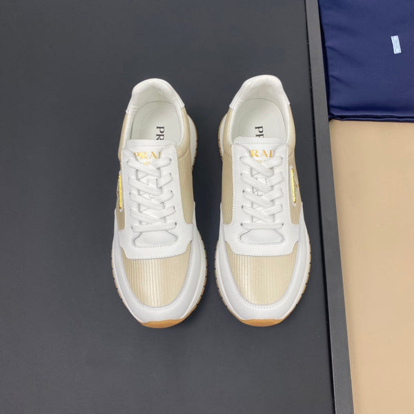 PRA SNEAKER IN WHITE CALFSKIN AND GOLD FABRIC WITH GOLDEN LOGO
