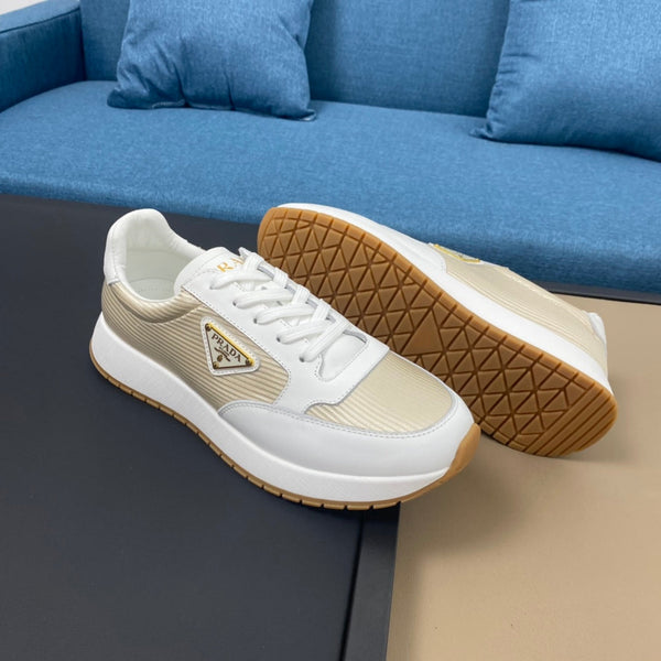 PRA SNEAKER IN WHITE CALFSKIN AND GOLD FABRIC WITH GOLDEN LOGO