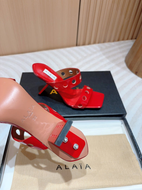 ALAIA TWO-STRAPS HIGH HEEL SANDALS IN CHERRY RED PATENT LAMBSKIN