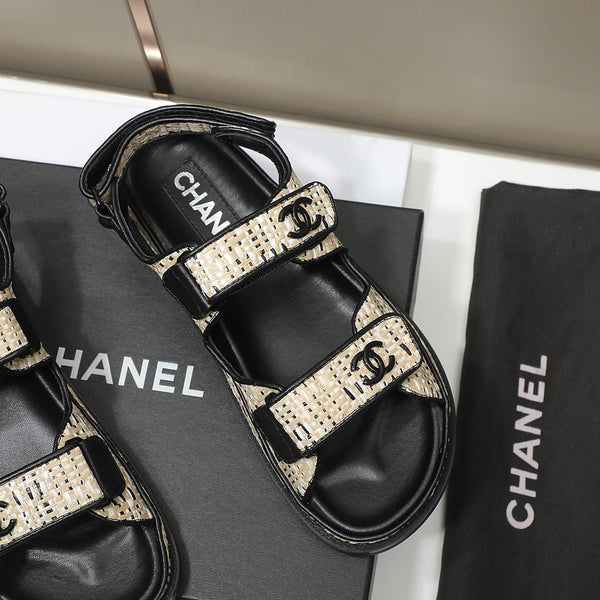 CC Dad Sandal Beige Black Woven Black Calfskin